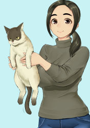Rule 34 | 1girl, absurdres, animal, aqua background, black hair, breasts, brown eyes, cat, commentary request, cowboy shot, denim, grey shirt, highres, holding, holding animal, holding cat, jeans, large breasts, long hair, long sleeves, looking at viewer, motion lines, original, pants, ponytail, shirofugu, shirt, sidelocks, simple background, smile