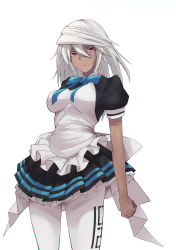 Rule 34 | 1girl, absurdres, apron, blue archive, blue ribbon, brown eyes, clothes lift, cosplay, dark-skinned female, dark skin, execneet, frilled apron, frilled skirt, frills, guilty gear, guilty gear strive, hair between eyes, highres, karin (blue archive), karin (blue archive) (cosplay), long hair, maid, maid headdress, neck ribbon, pantyhose, platinum blonde hair, puffy sleeves, ramlethal valentine, ribbon, skirt, skirt lift, solo, white pantyhose