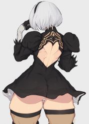 Rule 34 | 1girl, ass, back, back cutout, clothing cutout, crab, elbow gloves, feather-trimmed sleeves, gloves, grey background, hairband, highres, huge ass, juliet sleeves, long sleeves, nier (series), nier:automata, puffy sleeves, short hair, skirt, solo, thick thighs, thighhighs, thighs, when you see it, white hair, wide hips, yoracrab, 2b (nier:automata)