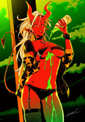 Rule 34 | 1girl, bottle, bracelet, bridal gauntlets, collar, colored skin, covered erect nipples, demon girl, demon tail, earrings, female focus, fingernails, gloves, godtail, green theme, high contrast, highres, horns, jewelry, looking at viewer, navel, off-shoulder jacket, off shoulder, original, parted lips, pointy ears, red skin, sharp fingernails, signature, single glove, single thighhigh, skindentation, solo, swimsuit, tail, thighhighs, water bottle, white hair, yellow eyes