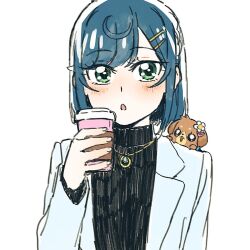 Rule 34 | 1girl, blue hair, blush, coffee cup, commentary, cup, delicious party precure, disposable cup, fuwa kokone, green eyes, hair ornament, hairclip, highres, jacket, jewelry, necklace, open mouth, pam-pam (precure), precure, short hair, solo, symbol-only commentary, turtleneck, white background, white jacket, yufu kyouko