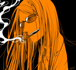 Rule 34 | 1boy, black background, black jacket, blonde hair, cigarette, fate/grand order, fate (series), jacket, long hair, looking to the side, male focus, open clothes, open jacket, shirt, signature, simple background, smile, smoke, smoking, solo, sunglasses, tezcatlipoca (fate), upper body, white shirt, yuuzuki230