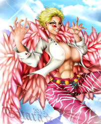 Rule 34 | 1girl, abs, blonde hair, cleavage cutout, coat, donquixote doflamingo, evil smile, feathers, female focus, genderswap, genderswap (mtf), highres, ito ito no mi, one piece, red eyes, short hair, smile, solo, sunglasses