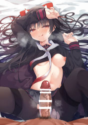 Rule 34 | 1girl, azur lane, bar censor, bed, black hair, blush, bow, breasts, censored, commentary request, hair bow, heavy breathing, highres, horns, long hair, looking at viewer, madotsukumo, medium breasts, oni horns, pantyhose, penis, red eyes, sakawa (azur lane), school uniform, smile, solo, tongue, tongue out, torn clothes