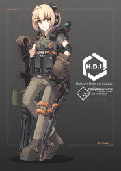 Rule 34 | 1girl, absurdres, blonde hair, chinese commentary, commentary request, english text, exoskeleton, gloves, gun, hand rest, headphones, highres, holster, light machine gun, load bearing equipment, original, sherman (egnk2525), short hair, solo, weapon, yellow eyes