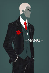 Rule 34 | 1boy, character name, creatures (company), flower, formal, game freak, hands in pockets, highres, island kahuna, lily (flower), male focus, nanu (pokemon), necktie, nintendo, nyantcha, pinstripe pattern, pinstripe suit, pokemon, pokemon sm, red eyes, solo, standing, striped, suit, text focus, waistcoat, white hair