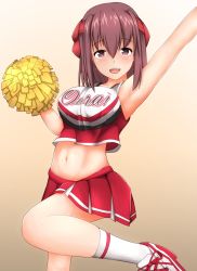 Rule 34 | 10s, 1girl, armpits, blouse, blush, breasts, brown eyes, brown hair, cheerleader, clothes writing, girls und panzer, gradient background, hair between eyes, hair ornament, hair ribbon, highres, kneehighs, kondou taeko, large breasts, looking at viewer, miniskirt, navel, open mouth, pom pom (cheerleading), red shirt, ribbon, shirt, silver bullet (ecc12 8), simple background, skirt, sleeveless, sleeveless shirt, smile, socks, solo, standing, standing on one leg, sweat, white socks