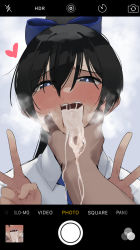 Rule 34 | 1girl, black hair, blue eyes, blush, cheek squash, collared shirt, commentary, cum, cum in mouth, dark-skinned female, dark-skinned male, dark skin, double v, english commentary, gokkun, hand on another&#039;s chin, hand on another&#039;s face, heart, highres, long hair, looking at viewer, okpriko, open mouth, original, pov, pov hands, shirt, solo focus, steaming body, stray pubic hair, thai girl (okpriko), v, viewfinder