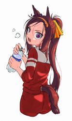 Rule 34 | 1girl, absurdres, animal ears, appleq, bottle, breasts, brown hair, clothing cutout, cropped legs, from behind, hairband, highres, holding, holding bottle, horse ears, horse girl, horse tail, jacket, long hair, looking at viewer, looking back, messy hair, open clothes, open jacket, open mouth, pants, ponytail, purple eyes, red jacket, red pants, sakura bakushin o (umamusume), sleeves pushed up, small breasts, solo, sweat, tail, tail through clothes, umamusume, water bottle, white background