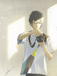 Rule 34 | 1boy, ahoge, black hair, camera, cowboy shot, highres, holding, holding camera, light particles, loundraw, male focus, messy hair, muted color, original, short hair, sketch, sunlight