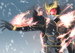 Rule 34 | 1boy, absurdres, armor, bodysuit, commentary request, cycloneactionx, fire, helmet, highres, kamen rider, kamen rider kuuga, kamen rider kuuga (series), kamen rider kuuga (ultimate form), male focus, open hand, pyrokinesis, snow, solo, upper body