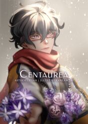 Rule 34 | 1boy, artist name, astrea: star of thelema, black hair, blue necktie, brown vest, character name, closed mouth, commentary, copyright name, english commentary, english text, flower, glasses, grey background, holding, holding flower, jacket, kanlamari, light smile, long sleeves, looking at viewer, male focus, messy hair, multicolored clothes, multicolored jacket, necktie, official art, open clothes, open jacket, puffy long sleeves, puffy sleeves, purple eyes, purple flower, purple rose, rain, red-framed eyewear, red scarf, rose, scarf, shirt, short hair, shu (astrea), solo, striped necktie, sunlight, two-tone jacket, upper body, vest, watermark, white jacket, white shirt, yellow jacket, zipper