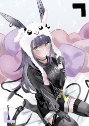 Rule 34 | 1girl, animal ears, animal hat, arknights, black gloves, black hair, black shirt, black shorts, blush, closed mouth, commentary request, ear piercing, fake animal ears, gloves, grey eyes, grey thighhighs, hand up, hat, heart, heart-shaped pillow, highres, katamayugui, knife, long hair, looking at viewer, multicolored hair, no shoes, piercing, pillow, purple hair, rabbit ears, rabbit hat, rope (arknights), seiza, shirt, short shorts, shorts, sitting, solo, streaked hair, sweat, thighhighs, very long hair, viewfinder
