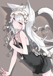 1girl absurdres animal_ears black_dress blush bra bra_pull clothes_pull dress gingerbullet highres long_hair looking_at_viewer maid_headdress nail_polish original pout purple_nails red_eyes short_dress silver_hair sleeveless sleeveless_dress solo tail underwear v