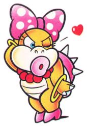 Rule 34 | 1girl, blue eyes, bow, bracelet, heart, high heels, jewelry, lips, lowres, mario (series), necklace, official art, one eye closed, super mario bros. 1, wendy o. koopa, wink
