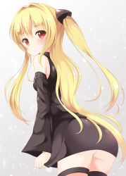 Rule 34 | 1girl, absurdres, aibumi, ass, bad id, bad nicoseiga id, blonde hair, blush, cowboy shot, detached sleeves, gradient background, highres, konjiki no yami, long hair, looking at viewer, pen-zin, red eyes, solo, thigh strap, to love-ru, two side up, very long hair