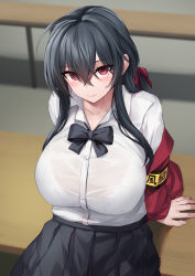 Rule 34 | 1girl, ahoge, arm support, armband, arms behind back, azur lane, black bow, black bowtie, black hair, black skirt, blurry, blurry background, bow, bowtie, bra, bra visible through clothes, breasts, closed mouth, collared shirt, crossed bangs, dress shirt, hair between eyes, hair bow, highres, huge ahoge, huge breasts, indoors, jacket, large breasts, leaning back, long hair, long sleeves, looking at viewer, off shoulder, official alternate costume, open clothes, open jacket, pleated skirt, rebutsu, red bow, red eyes, red jacket, see-through, see-through shirt, shirt, shirt tucked in, sidelocks, sitting, skirt, solo, table, taihou (azur lane), taihou (sweet time after school) (azur lane), taut clothes, taut shirt, underwear, white shirt, yellow armband