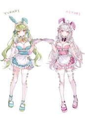 Rule 34 | 2girls, absurdres, ahoge, animal ears, apron, blue dress, blush, bow, bowtie, breasts, character name, chest harness, closed mouth, dress, fake animal ears, frilled apron, frilled dress, frilled hairband, frills, green hair, grey hair, hair ornament, hairband, harness, highres, hiyori (momoko), holding, holding tray, large breasts, long hair, momoko (momopoco), multiple girls, orange eyes, original, parted lips, pink dress, pink eyes, rabbit ears, rabbit hair ornament, scan, shoes, simple background, solo, thigh strap, thighhighs, tray, twintails, very long hair, white background, white thighhighs, wrist cuffs, x hair ornament, yukari (momoko)