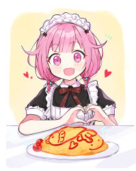 Rule 34 | 1girl, absurdres, apron, blunt bangs, blush, bow, bowtie, brown bow, brown bowtie, commentary request, dot nose, food, hair ornament, heart, heart hands, highres, ketchup, maid apron, maid headdress, omelet, ootori emu, open mouth, pink eyes, pink hair, pjmiyo, plate, project sekai, short sleeves, smiley face, solo, star (symbol), twintails