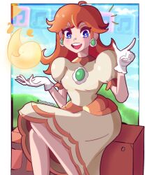 Rule 34 | 1girl, blue eyes, breasts, brooch, brown hair, day, dress, earrings, fire, fire daisy, flower earrings, gloves, grin, highres, hoshinokotta, jewelry, legs, long hair, looking at viewer, marimba block, mario (series), musical note, nintendo, open mouth, power-up, princess daisy, red hair, sitting, small breasts, smile, super mario bros. wonder, tomboy, v, white dress