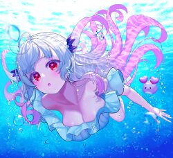 Rule 34 | 1girl, absurdres, air bubble, blush, blush stickers, breasts, bubble, commentary request, freediving, futayamam2, gradient hair, grey hair, highres, indie virtual youtuber, large breasts, looking at viewer, multicolored hair, old school swimsuit, open mouth, pink hair, red eyes, school swimsuit, solo, suou patra, swimming, swimsuit, two side up, underwater, virtual youtuber