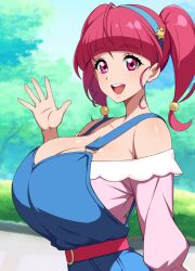 Rule 34 | alternate breast size, blue overalls, blunt bangs, breasts, cleavage, from side, hair ornament, hairband, hand up, hoshina hikaru, huge breasts, jabara tornado, looking at viewer, off-shoulder shirt, off shoulder, open mouth, outdoors, overalls, pink eyes, pink hair, precure, shirt, star (symbol), star hair ornament, star twinkle precure, twintails, upper body, waving