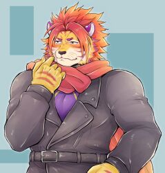 Rule 34 | 1boy, absurdres, animal ears, bara, belt, black jacket, blush, commentary request, furry, furry male, higemaccho, highres, jacket, leather, leather jacket, male focus, muscular, muscular male, nomad (housamo), red eyes, red hair, red scarf, scarf, short hair, simple background, smile, solo, tiger boy, tiger ears, tiger stripes, tokyo houkago summoners, upper body, wavy mouth, whiskers