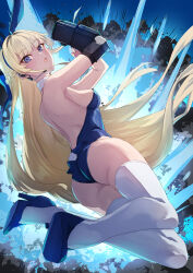 Rule 34 | 1girl, absurdres, ass, blonde hair, blue archive, blue eyes, blue leotard, braid, breasts, earpiece, explosion, french braid, highres, jumping, kento (kentdrawing), leotard, long hair, looking at viewer, looking back, mechanical arms, official alternate costume, playboy bunny, single mechanical arm, small breasts, solo, strapless, strapless leotard, thighhighs, toki (blue archive), toki (bunny) (blue archive), very long hair, white thighhighs