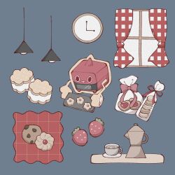 Rule 34 | analog clock, bag, blue background, bow, chocolate chip cookie, clock, coffee, coffee mug, coffee pot, cookie, creatures (company), cup, curtains, food, fruit, game freak, gen 4 pokemon, gingham, grin, heart-shaped cookie, highres, holding, holding tray, mug, nintendo, no humans, pink bow, pokemon, pokemon (creature), red ribbon, ribbon, rotom, rotom (heat), sandwich cookie, saucer, simple background, smile, solo, strawberry, sumi fms, thumbprint cookie, tray, wall clock, window