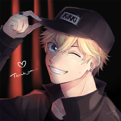 Rule 34 | 1boy, ;d, baseball cap, black background, black hat, black shirt, blonde hair, blue eyes, dated, ear piercing, earrings, hand up, hat, iku (yu851024), jewelry, long sleeves, looking at viewer, love and producer, male focus, one eye closed, open mouth, piercing, ring, shirt, signature, smile, solo, stud earrings, sweat, thank you, upper body, zhou quiluo
