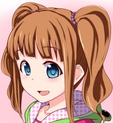 Rule 34 | 1girl, bad id, bad pixiv id, blue eyes, blush, brown hair, clearite, idolmaster, idolmaster (classic), lowres, open mouth, simple background, smile, solo, takatsuki yayoi, upper body