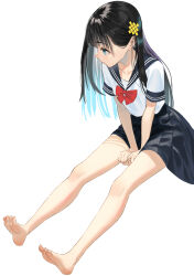 Rule 34 | 1girl, aqua hair, barefoot, between legs, black hair, black skirt, blunt bangs, blush, bow, bowtie, collarbone, colored inner hair, eyelashes, feet, full body, grey eyes, hair ornament, hand between legs, hand up, highres, leaning forward, long hair, looking to the side, mizo-chan (yamahara), multicolored hair, open mouth, original, pleated skirt, red bow, red bowtie, school uniform, shadow, shirt, short sleeves, sidelocks, signature, simple background, sitting, skirt, smile, soles, solo, toenails, toes, white background, white shirt, yamahara
