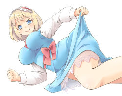 Rule 34 | 1girl, alice margatroid, arnest, blonde hair, blue dress, blue eyes, blush, bow, breasts, closed mouth, clothes lift, dress, dress lift, hairband, large breasts, legs, lolita hairband, long sleeves, looking at viewer, lying, on side, petticoat, red bow, red neckwear, red sash, sash, shirt, short hair, slip showing, smile, thighs, touhou, white background, white shirt