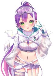 Rule 34 | 1girl, absurdres, bandeau, belt, blush, breasts, buckle, character name, commentary request, demon tail, demon wings, ear piercing, earrings, eyewear on head, gloves, goggles, goggles on head, green eyes, heart, heart tattoo, highres, hololive, hood, hood down, jewelry, junineu, long hair, looking at viewer, medium breasts, midriff, navel, navel piercing, open mouth, piercing, pink hair, ponytail, pouch, purple hair, see-through, see-through sleeves, shoes, short shorts, shorts, shrug (clothing), simple background, smile, snap-fit buckle, solo, standing, stomach, stomach tattoo, strapless, tail, tattoo, thigh belt, thigh strap, tokoyami towa, tokoyami towa (5th costume), tongue, tongue out, tube top, virtual youtuber, white background, white bandeau, white belt, white gloves, white shorts, white tube top, wings