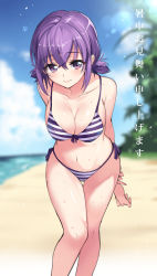 Rule 34 | 1girl, arms behind back, beach, bikini, blurry, blush, breasts, cleavage, cloud, day, depth of field, female focus, front-tie top, highres, large breasts, leaning forward, lens flare, looking at viewer, low twintails, navel, original, outdoors, own hands together, purple eyes, purple hair, senri gan, shiny skin, short hair, short twintails, side-tie bikini bottom, sketch, sky, smile, solo, striped bikini, striped clothes, swimsuit, thigh gap, translation request, twintails, wet