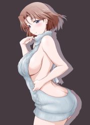 Rule 34 | 1girl, adjusting clothes, aran sweater, arched back, ass, azumi (girls und panzer), backless dress, backless outfit, bare back, bare shoulders, black background, blue eyes, blush, breasts, brown hair, butt crack, cable knit, closed mouth, commentary, dress, finger to mouth, from behind, girls und panzer, grey sweater, hair intakes, half-closed eyes, halterneck, large breasts, looking at viewer, looking back, meme attire, one-hour drawing challenge, ribbed sweater, short hair, sideboob, simple background, sleeveless, sleeveless turtleneck, smile, solo, standing, sweater, sweater dress, turtleneck, turtleneck sweater, virgin killer sweater, yts takana
