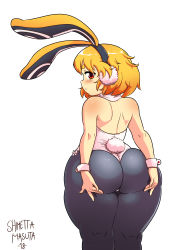 Rule 34 | 1girl, absurdres, animal ears, ass, ass grab, back, backless outfit, black hairband, black pantyhose, blonde hair, blush, curvy, detached collar, disgaea, fake animal ears, from behind, hairband, hand on ass, highres, hip focus, huge ass, leotard, looking at viewer, looking back, makai senki disgaea 5, pantyhose, playboy bunny, pom pom (clothes), rabbit ears, rabbit tail, red eyes, shimetta masuta, shiny clothes, shiny skin, short hair, shortstack, solo, tail, thick thighs, thighs, usalia (disgaea), white background, white leotard, wide hips, wrist cuffs