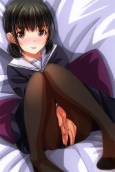 Rule 34 | 1girl, bed, black hair, black pantyhose, black shirt, black skirt, blush, brown eyes, covering crotch, covering privates, highres, long sleeves, looking at viewer, low twintails, lying, matsunaga kouyou, on bed, pantyhose, pillow, school uniform, shirt, short hair, skirt, smile, tongue, tongue out, twintails