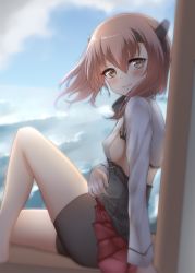 Rule 34 | 1girl, anchor, bike shorts, blue sky, blush, breasts, brown eyes, brown hair, cloud, day, hair between eyes, headband, headgear, highres, jewelry, kantai collection, long sleeves, looking at viewer, nuka (nvkka), ocean, pleated skirt, red skirt, ring, short hair, skirt, sky, small breasts, smile, solo, taihou (kancolle), thighhighs, waves, wedding band