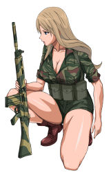 Rule 34 | 18 (aug1), 1girl, bad id, bad pixiv id, battle rifle, blonde hair, blouse, blue eyes, boots, breast pocket, breasts, camouflage, cleavage, cross-laced footwear, fn fal, full body, gun, holding, holding gun, holding weapon, kneeling, lace-up boots, large breasts, long hair, magazine (object), military, military uniform, open clothes, open shirt, pocket, rhodesian light infantry, rifle, shirt, short sleeves, shorts, simple background, sleeves rolled up, solo, tagme, thighs, uniform, weapon, white background