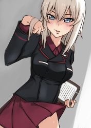 Rule 34 | 10s, 1girl, black jacket, blue eyes, blush, clipboard, clothes lift, commentary, commentary request, cowboy shot, dress shirt, dutch angle, girls und panzer, hand in own hair, highres, holding, holding clipboard, itsumi erika, jacket, kuromorimine military uniform, lifting own clothes, long hair, long sleeves, looking at viewer, military, military uniform, miniskirt, parted lips, pleated skirt, red shirt, red skirt, saku (saku1151), shirt, silver hair, skirt, skirt lift, solo, standing, uniform, wing collar