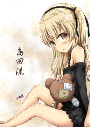 Rule 34 | 10s, 1girl, artist name, black ribbon, boko (girls und panzer), braid, brown eyes, cast, chemise, detached sleeves, eyepatch, from side, girls und panzer, hair ribbon, holding, holding stuffed toy, light brown hair, lingerie, long hair, looking at viewer, parted lips, ribbon, saz (sazin764), shimada arisu, side braid, signature, sitting, solo, stuffed animal, stuffed toy, teddy bear, translated, underwear