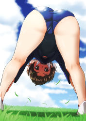 Rule 34 | 1girl, absurdres, ass, blue one-piece swimsuit, blush, brave witches, breasts, brown eyes, brown hair, from behind, hair ornament, hairclip, hasegawa (hase popopo), highres, karibuchi hikari, looking at viewer, one-piece swimsuit, open mouth, outdoors, short hair, small breasts, solo, swimsuit, world witches series