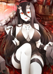 Rule 34 | 10s, 1girl, abyssal ship, battleship princess, black dress, black hair, breasts, cleavage, colored skin, covered erect nipples, dress, fang, female focus, horns, kantai collection, large breasts, long hair, open mouth, pale skin, red eyes, rui shi (rayze ray), short dress, skin-covered horns, solo, spaghetti strap, turret, very long hair, white skin