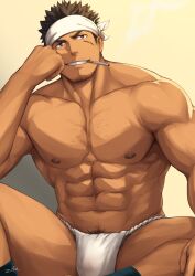 Rule 34 | 1boy, abs, bara, brown eyes, brown hair, bulge, chest hair, cigarette, clenched hand, collarbone, facial hair, facial scar, fundoshi, goatee, grin, hand on own knee, hand up, head rest, headband, highres, japanese clothes, large pectorals, looking at viewer, male focus, male underwear, mouth hold, muscular, muscular male, navel hair, nipples, original, pectorals, scar, scar on cheek, scar on face, short hair, sitting, smile, smoke, smoking, solo, spiked hair, spread legs, stubble, underwear, zifu