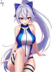 Rule 34 | 1girl, absurdres, bare shoulders, blue bow, blue one-piece swimsuit, bow, breasts, competition swimsuit, fate/grand order, fate (series), hair between eyes, highleg, highleg swimsuit, highres, hip vent, jungtong, large breasts, long hair, looking at viewer, multicolored clothes, multicolored swimsuit, one-piece swimsuit, ponytail, red eyes, silver hair, solo, swimsuit, tomoe gozen (fate), tomoe gozen (swimsuit saber) (fate), tomoe gozen (swimsuit saber) (first ascension) (fate), turtleneck, turtleneck one-piece swimsuit, two-tone swimsuit, white one-piece swimsuit