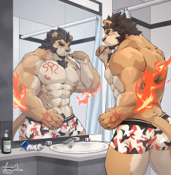Rule 34 | 1boy, abs, alca (wakatanka4), alca the lion, animal ears, ass, bara, bathroom, beard, black hair, boxers, brown fur, brushing teeth, bulge, commission, extra ears, facial hair, faucet, fire, furry, furry male, gyee, hand tattoo, indoors, kamyuelo, large pectorals, lion boy, lion ears, lion tail, male focus, male underwear, mirror, muscular, muscular male, navel, navel hair, nipples, original, pectorals, print male underwear, reflection, short hair, solo, stomach, tail, tattoo, thick eyebrows, thick thighs, thighs, toothbrush, underwear, underwear only