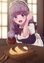 Rule 34 | :d, absurdres, adjusting hair, aikatsu!, aikatsu! (series), alternate costume, apron, bad id, bad pixiv id, black dress, blunt bangs, blurry, blurry background, butter knife, coffee, coffee pot, commentary request, cutting board, dress, enmaided, food, fork, frilled apron, frills, highres, hikami sumire, holding, holding pot, huge filesize, ice cream, indoors, kaoryu-kun, knife, leaning forward, looking at viewer, maid, maid apron, maid headdress, open mouth, pancake, pot, puffy short sleeves, puffy sleeves, purple eyes, purple hair, restaurant, shadow, short sleeves, smile, table, upper body, waist apron, white apron, window, wooden table