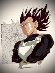 Rule 34 | 2boys, armor, artist request, black hair, dragon ball, dragon ball super, gloves, granolah (dragon ball), grin, highres, injury, looking at viewer, multiple boys, muscular, no humans, simple background, smile, spiked hair, surprised, sweat, ultra ego (dragon ball), upper body, vegeta
