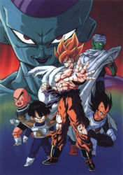 Rule 34 | 1990s (style), 6+boys, absurdres, bald, black hair, blonde hair, cape, dougi, dragon ball, dragonball z, facial mark, father and son, forehead mark, frieza, highres, kuririn, looking at viewer, looking back, male focus, multiple boys, muscular, muscular male, namekian, official art, open hand, open mouth, outstretched arm, piccolo, pointy ears, red eyes, retro artstyle, saiyan, saiyan armor, scan, serious, son gohan, son goku, spiked hair, squatting, standing, super saiyan, super saiyan 1, turban, vegeta, widow&#039;s peak, wristband